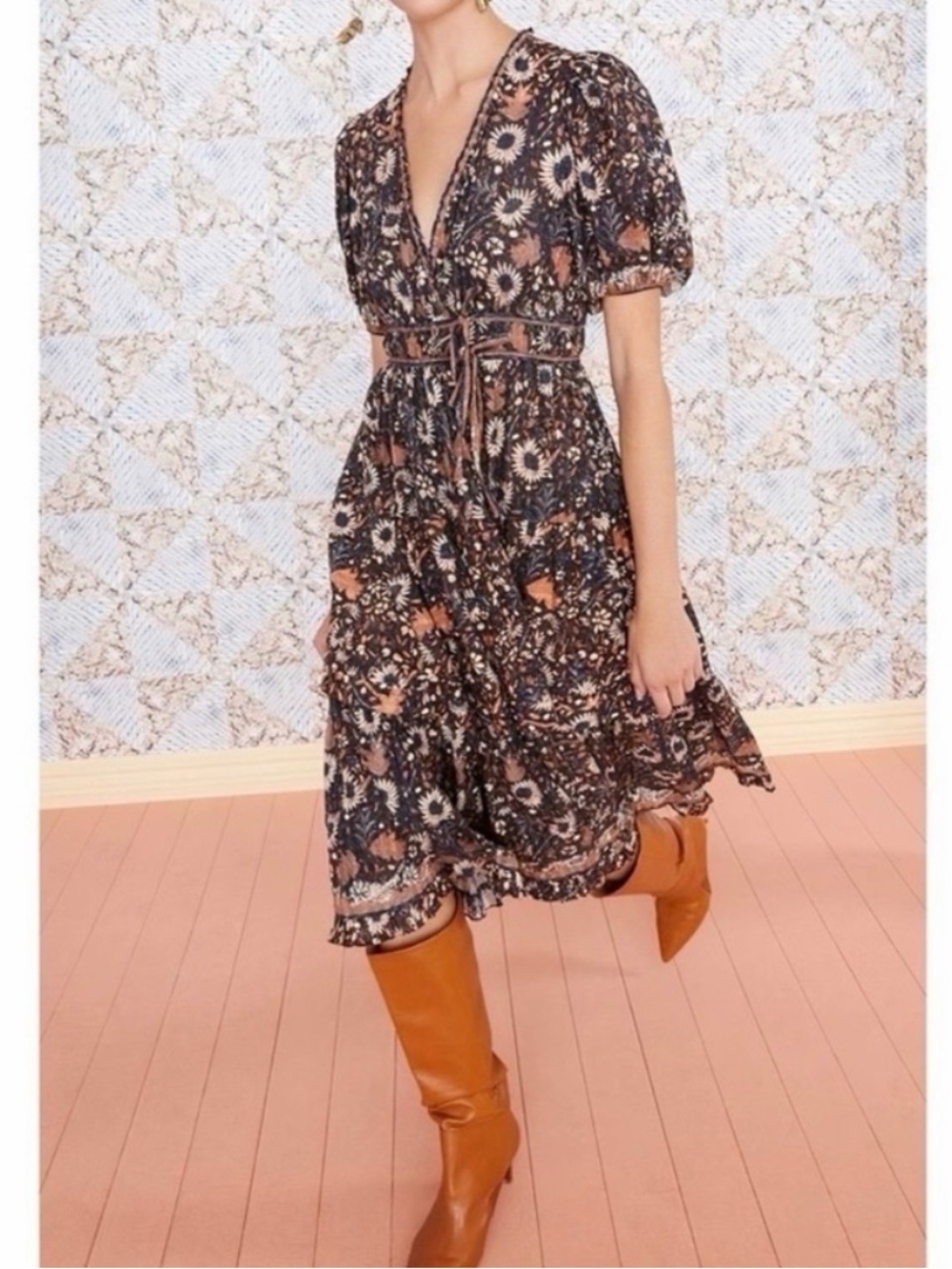 Ulla Johnson Floral Puff-Sleeve Margot Wrap Dress in Obsidian size 4